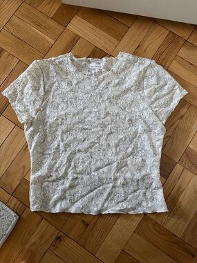 Avec Les Filles White Lace-Embroidered Short Sleeve Tee